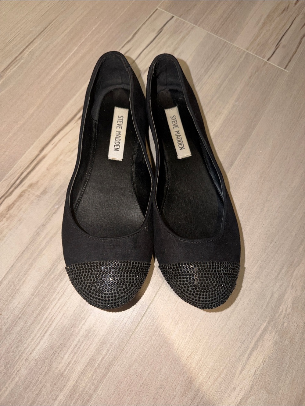 Steve Madden Black Embellished Cap-Toe Ballet Flats